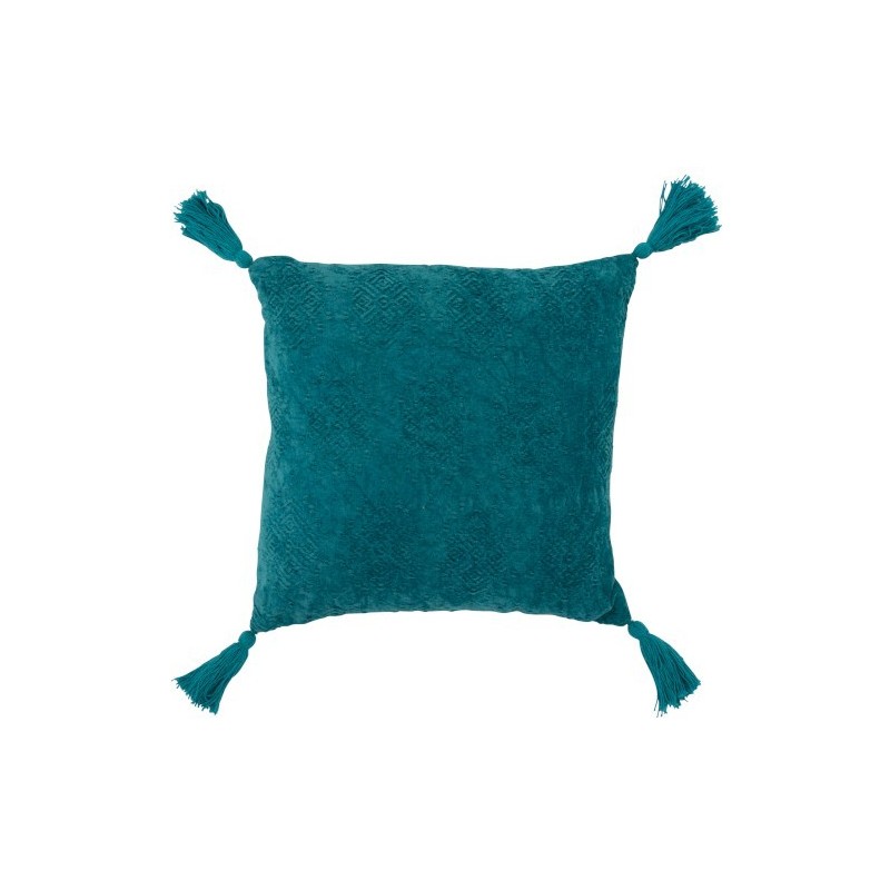 Coussin carré avec coin floches en coton turquoise 46x46cm
