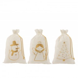 Set de 3 sacs en velours blanc et or avec personnages de Noël H80cm