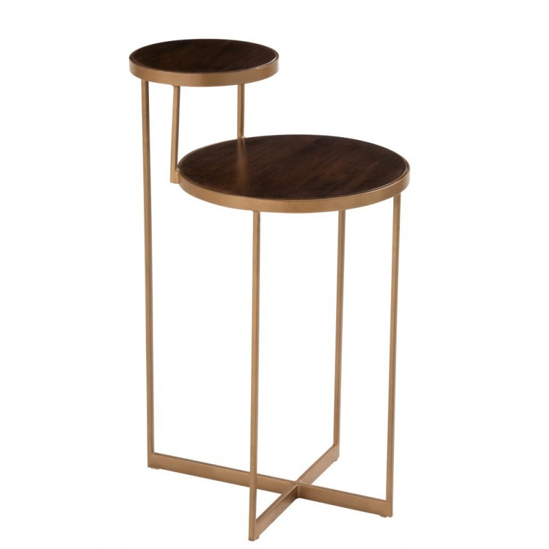Table gigogne de 2 niveaux en fer doré et bois de manguier brun fonce