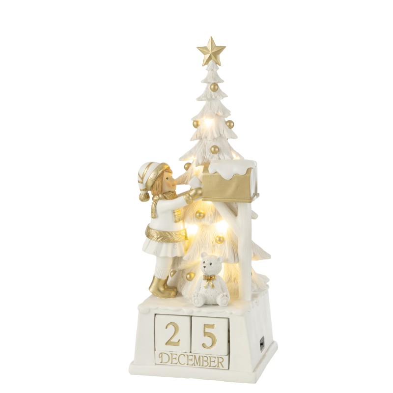 Calendrier de l'avent avec led en pvc blanc et or 18x49cm