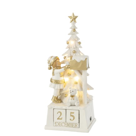 Calendario de Adviento con luces LED en PVC blanco y dorado de 18x49cm.