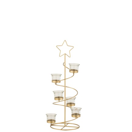 Portavelas árbol espiral hierro/cristal oro Alt. 50 cm