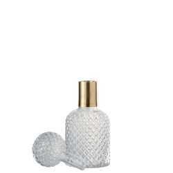 Bouteille deco verre relief avec bouchon transparent et doré 30 cm