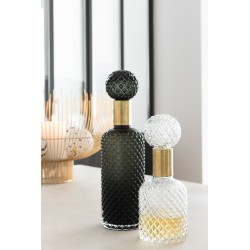 Bouteille deco verre relief avec bouchon transparent et doré 30 cm