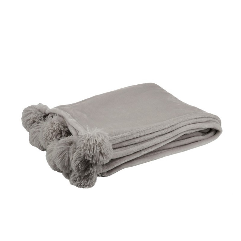 Plaid avec pompons en polyester taupe 176x128cm