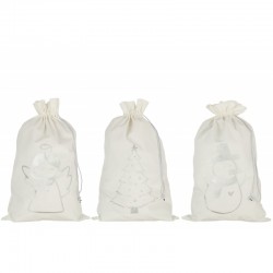 Assortiment de 3 sacs de Noël en velours blanc avec personnages de Noël en argent