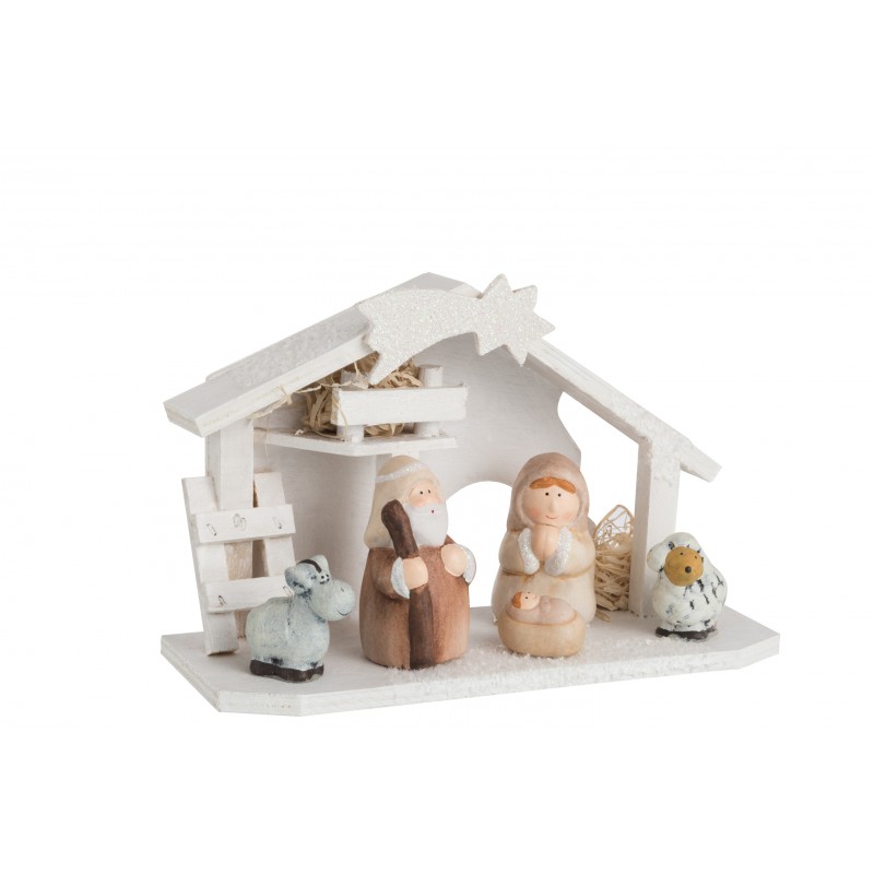 Crèche de Noël dans maison en bois et personnages en céramique