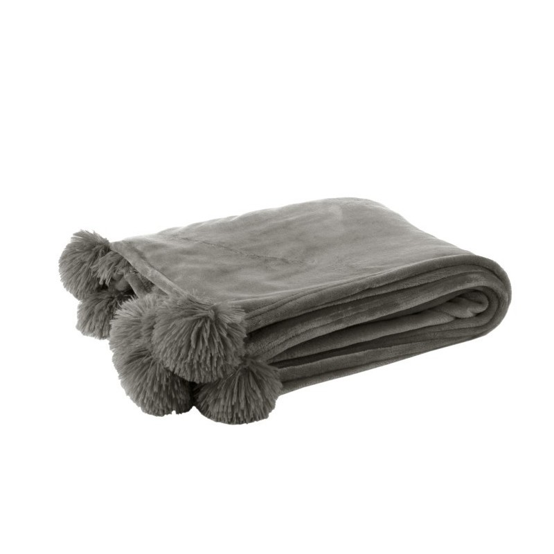 Plaid avec pompon en polyester de couleur gris