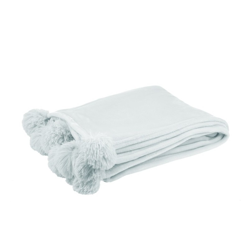 Plaid avec pompons en polyester bleu clair 176x128cm Plaid avec pompons en polyester bleu clair 176x128cm