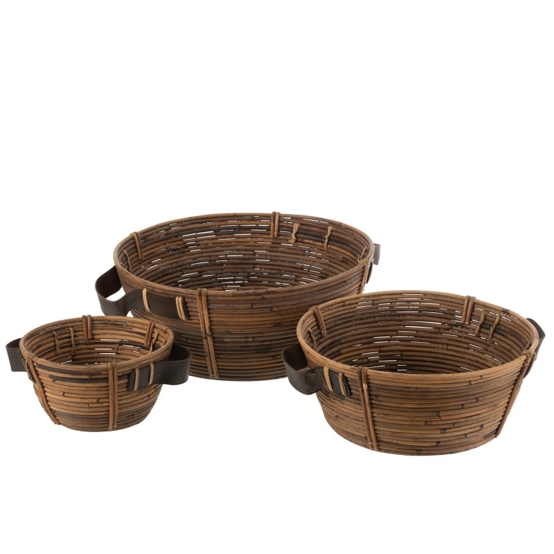 Lot de 3 paniers en rotin avec hanse en bois marron 43x49x18 cm