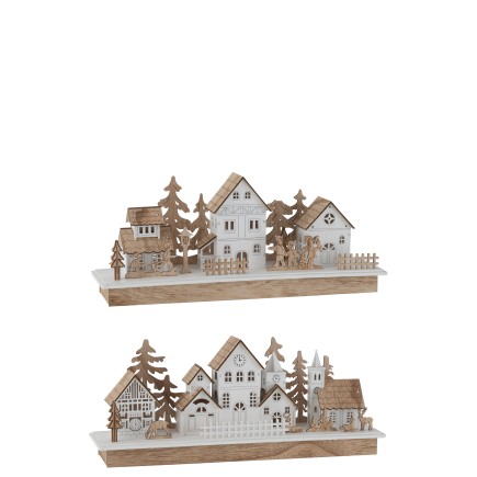 Lot de 2 décorations villages avec led en bois naturel et blanc 44x12x18cm