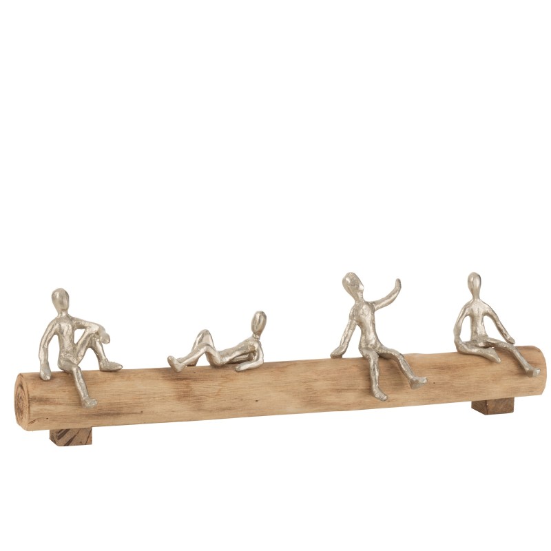 4 figurines aluminium assises sur socle en bois naturel 53x9x15cm