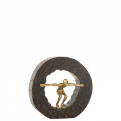 Figurine en aluminium doré dans cercle en bois de manguier noir 27x12x27cm