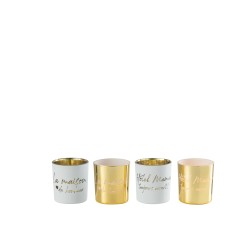 Lot de 4 photophores avec texte en verre blanc et or 7x7x8cm