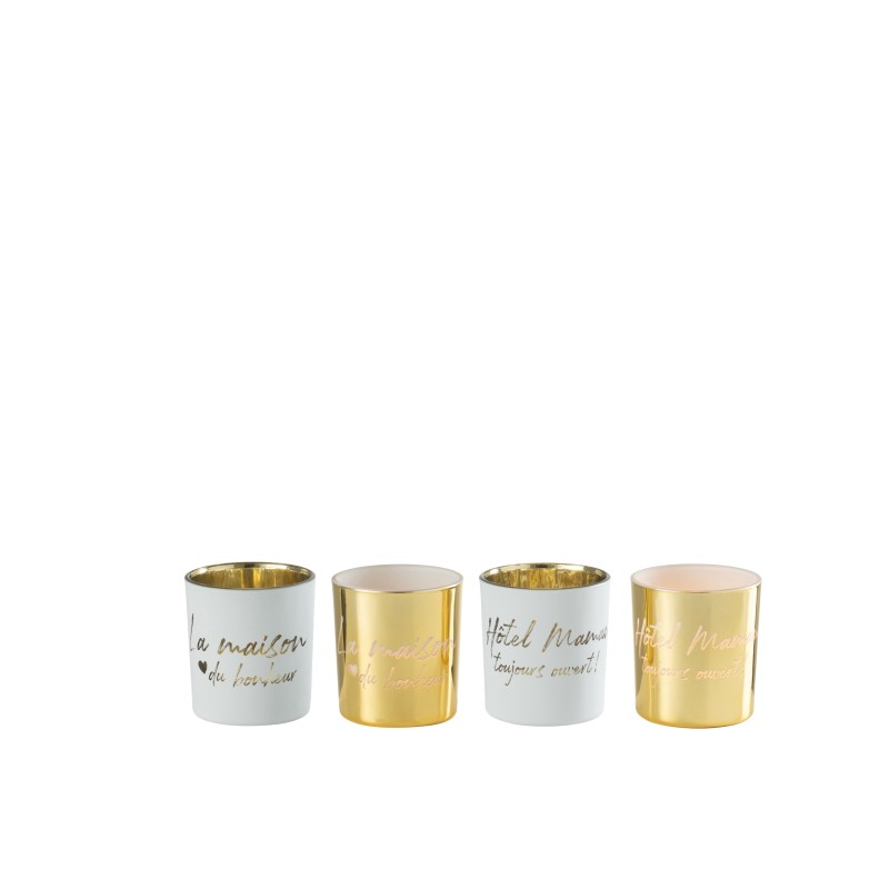 Lot de 4 photophores avec texte en verre blanc et or 7x7x8cm Lot de 4 photophores avec texte en verre blanc et or 7x7x8cm