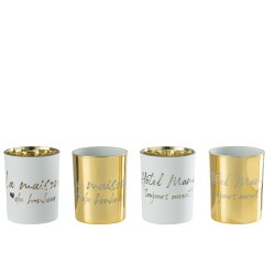 Lot de 4 photophores avec texte en verre blanc et or 10x10x12.5cm