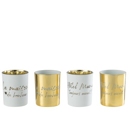 Lot de 4 photophores avec texte en verre blanc et or 10x10x12.5cm