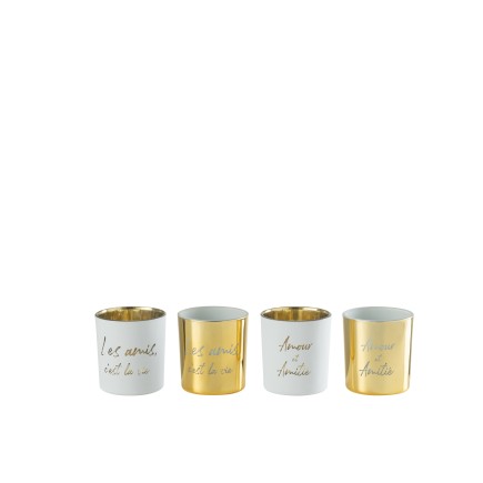 Lot de 4 photophores avec texte en verre blanc et or 7x7x8cm