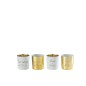 Lot de 4 photophores avec texte en verre blanc et or 7x7x8cm Lot de 4 photophores avec texte en verre blanc et or 7x7x8cm