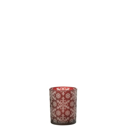 Photophore motif flocons en verre rouge 10x10x12.5cm