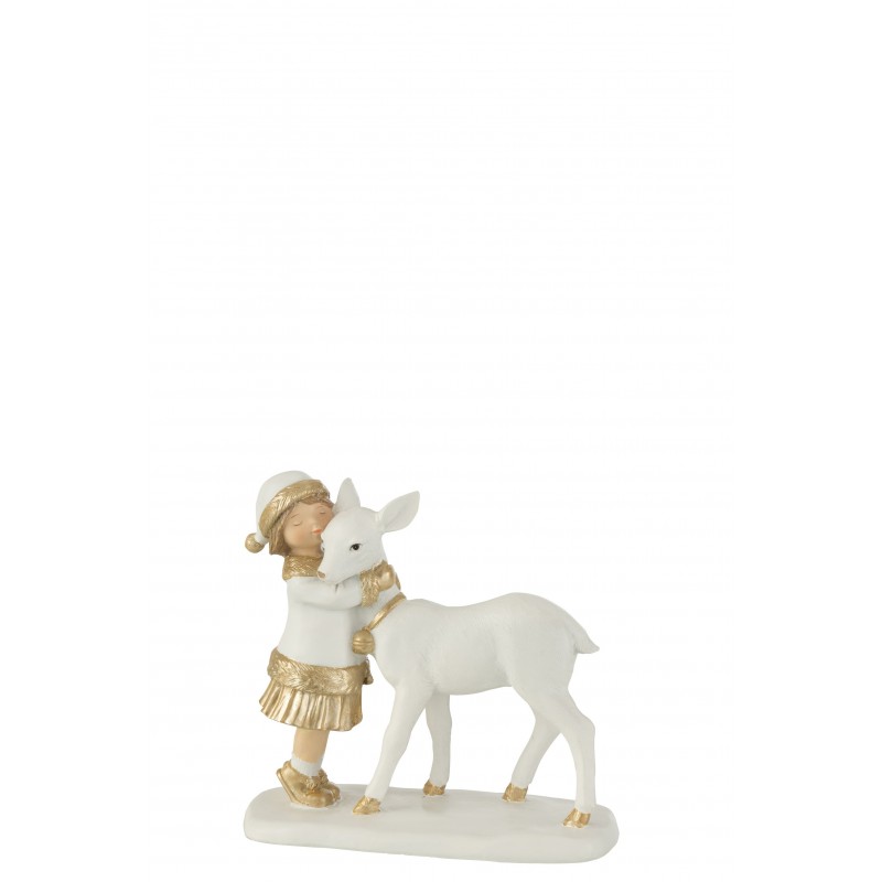 Enfant avec renne en résine blanc 16.5x7.5x15 cm