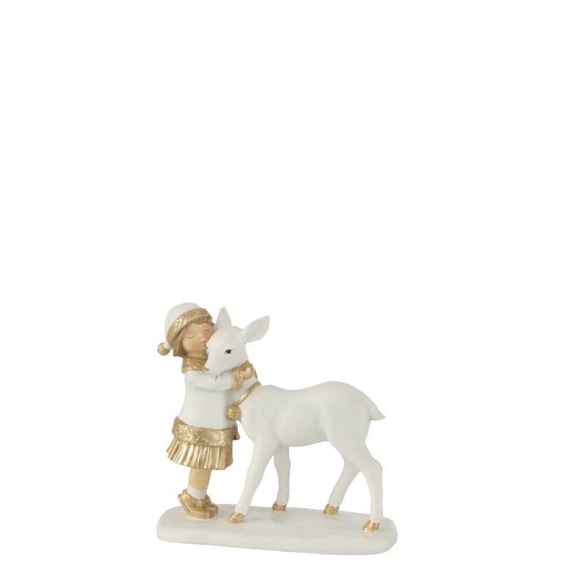 Renne enlacé par un enfant de couleur blanc et or