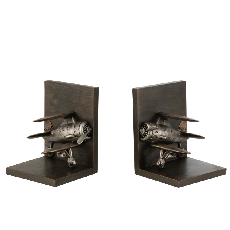 Set de 2 serre-livres avion en poly bronze et noir 13x14x18cm