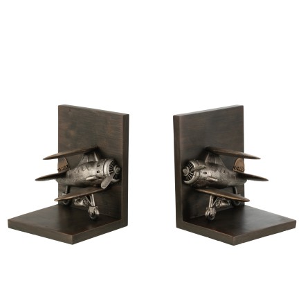 Set de 2 serre-livres avion en poly bronze et noir 13x14x18cm