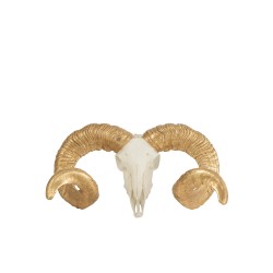 Crâne de mouton avec cornes dorées en résine blanche 43x34.5x16.5 cm