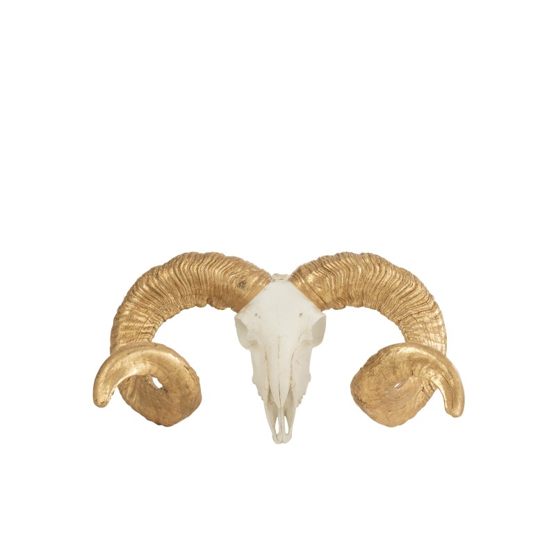 Crâne de mouton avec cornes dorées en résine blanche 43x34.5x16.5 cm