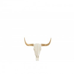 Crâne de vache avec cornes dorées en résine blanche 37x14.5x29 cm