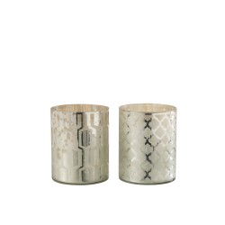 Lot de 2 photophores à motifs en verre argent 12x12x15cm