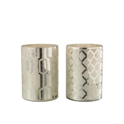 Lot de 2 photophores à motifs en verre argent 14x14x20cm