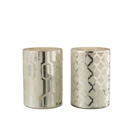 Lot de 2 photophores à motifs en verre argent 14x14x20cm