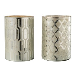 Lot de 2 photophores à motifs en verre argent 21x21x28cm