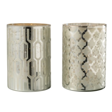 Lot de 2 photophores à motifs en verre argent 21x21x28cm