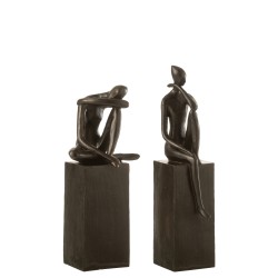 Lot de 2 personnages sur socle en céramique marron 14x11x37cm