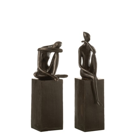 Lot de 2 personnages sur socle en céramique marron 14x11x37cm