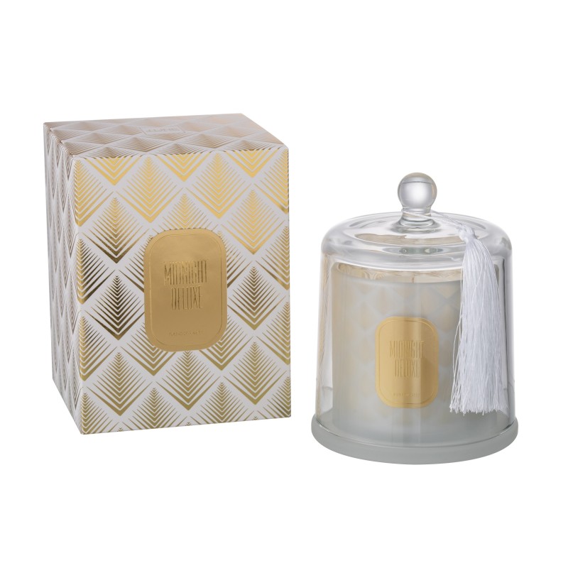 Bougie parfumée sous cloche en verre blanche 14x14x17cm Bougie parfumée sous cloche en verre blanche 14x14x17cm