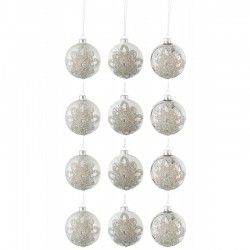 Boite de 12 boules de Noël avec ornement perles en verre transparent D8cm