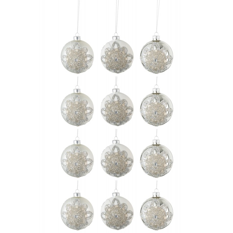 Boite de 12 boules de Noël avec ornement perles en verre transparent D8cm