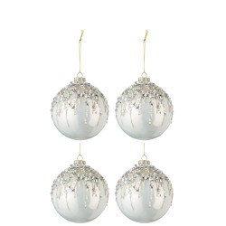 BOITE DE 4 BOULES DE NOEL PERLES PAILLETTES VERRE NACRE/BLANC MEDIUM