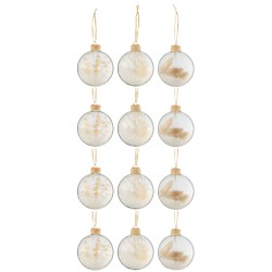 BOITE 12 BOULES DE NOEL 4+4+4 BRINDILLES SECHEE BEIGE VERRE TRANSPARENT