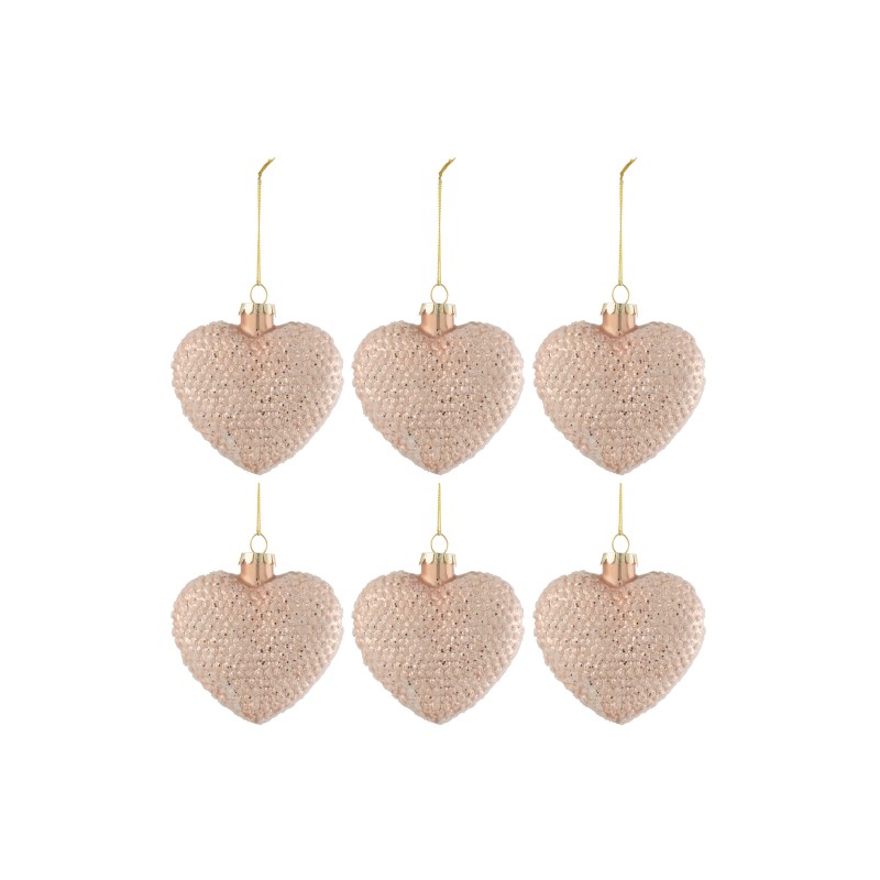 Caja de 6 corazones de vidrio rosa de 9.5x4.5x9.5 cm