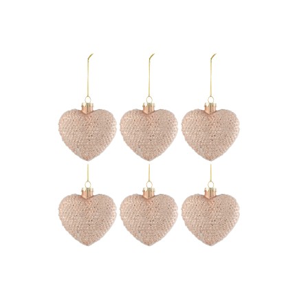 Caja de 6 corazones de vidrio rosa de 9.5x4.5x9.5 cm