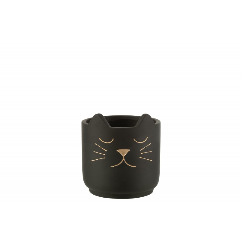 Cache pot noir avec visage de chat de couleur or