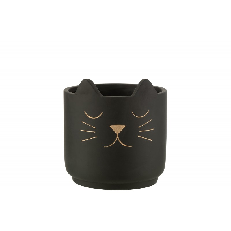 Cache pot noir avec visage de chat de couleur or