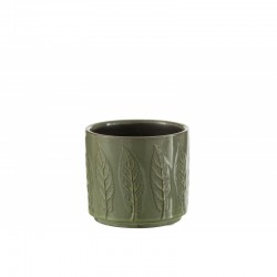 Cache pot vert en céramique avec motif de feuilles