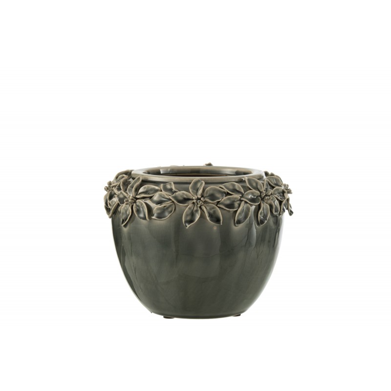 Cache pot en céramique gris foncé avec décoration de fleurs