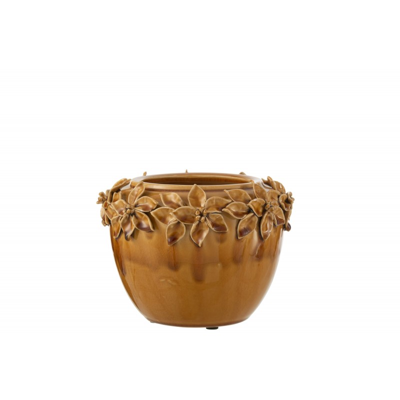 Cache pot en céramique ocre avec décoration de fleurs